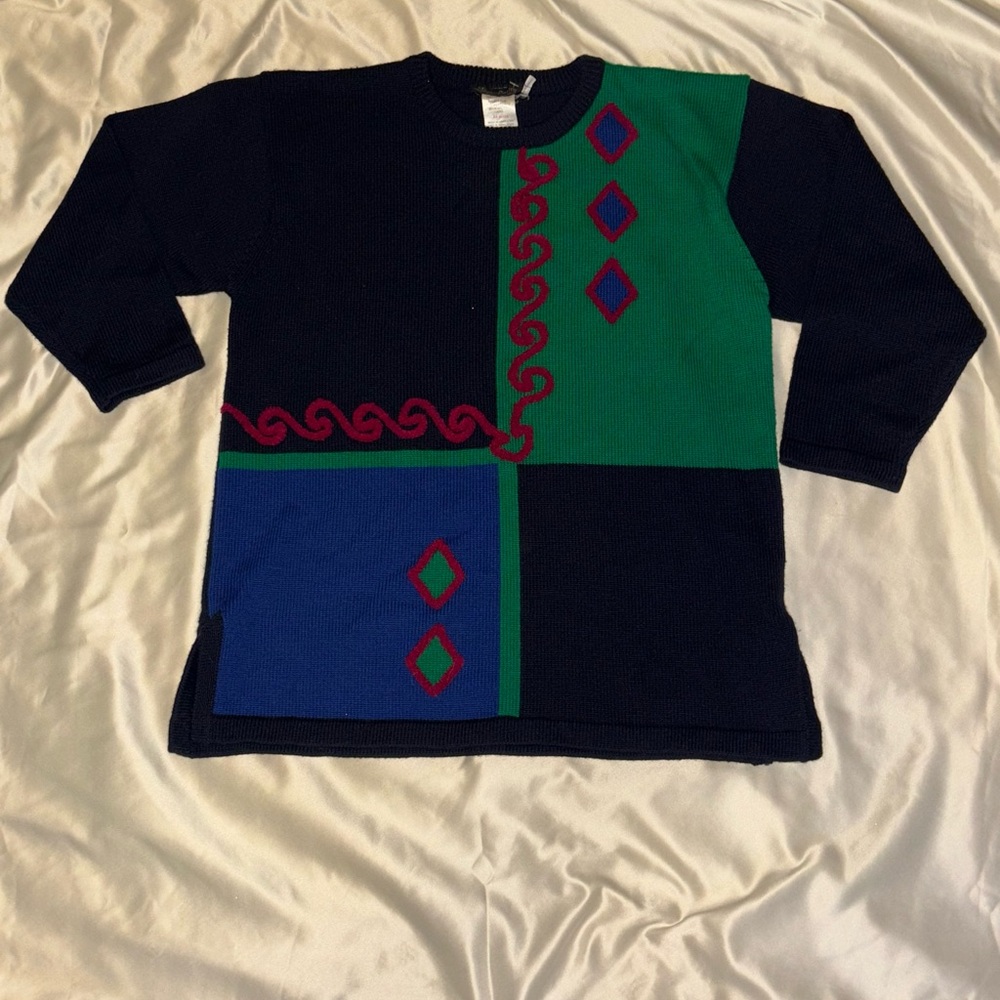 Vintage 80s 90s Colorblock Knit Sweater Geometric Size Medium